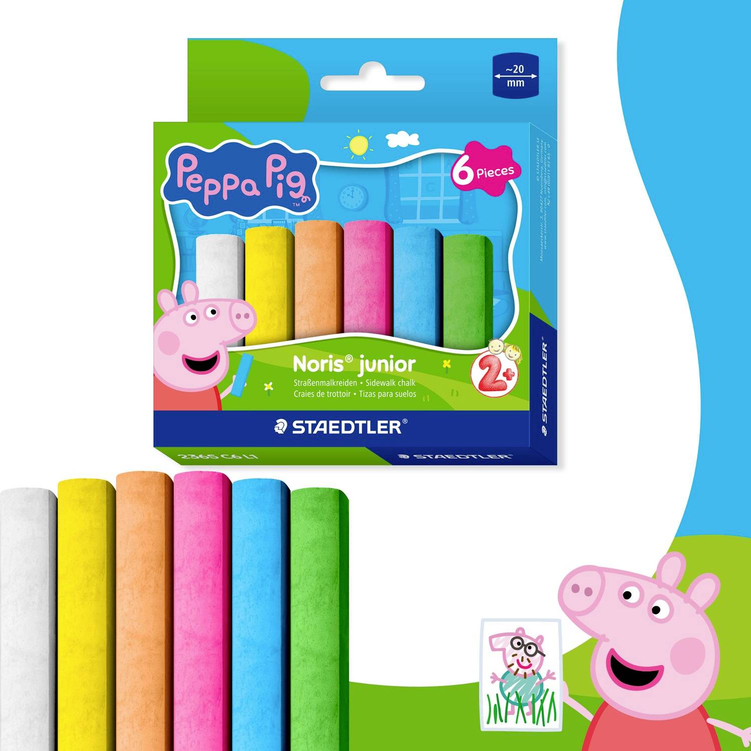 Ensemble de crayons de couleur Peppa Pig Noris junior à 6 pièces dans son emballage, montrant six crayons colorés et une illustration du personnage Peppa Pig.