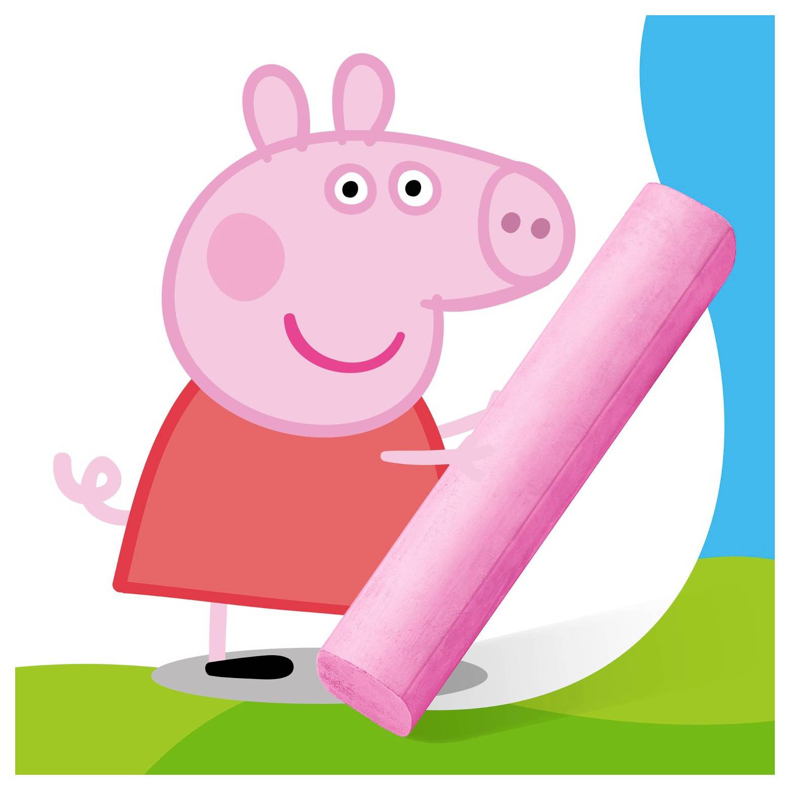 Peppa Pig tient une batte rose à côté d'un guichet sur un terrain de cricket herbeux.