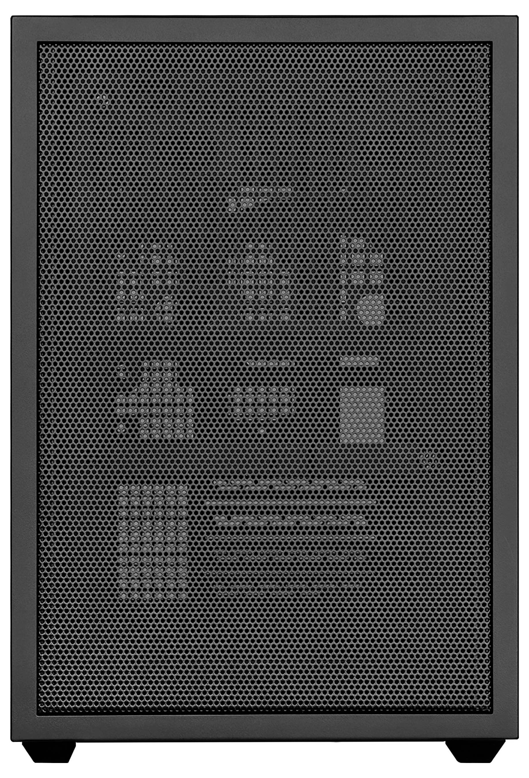 Façade avant du boîtier informatique noir avec grille perforée et composants internes faiblement visibles derrière.