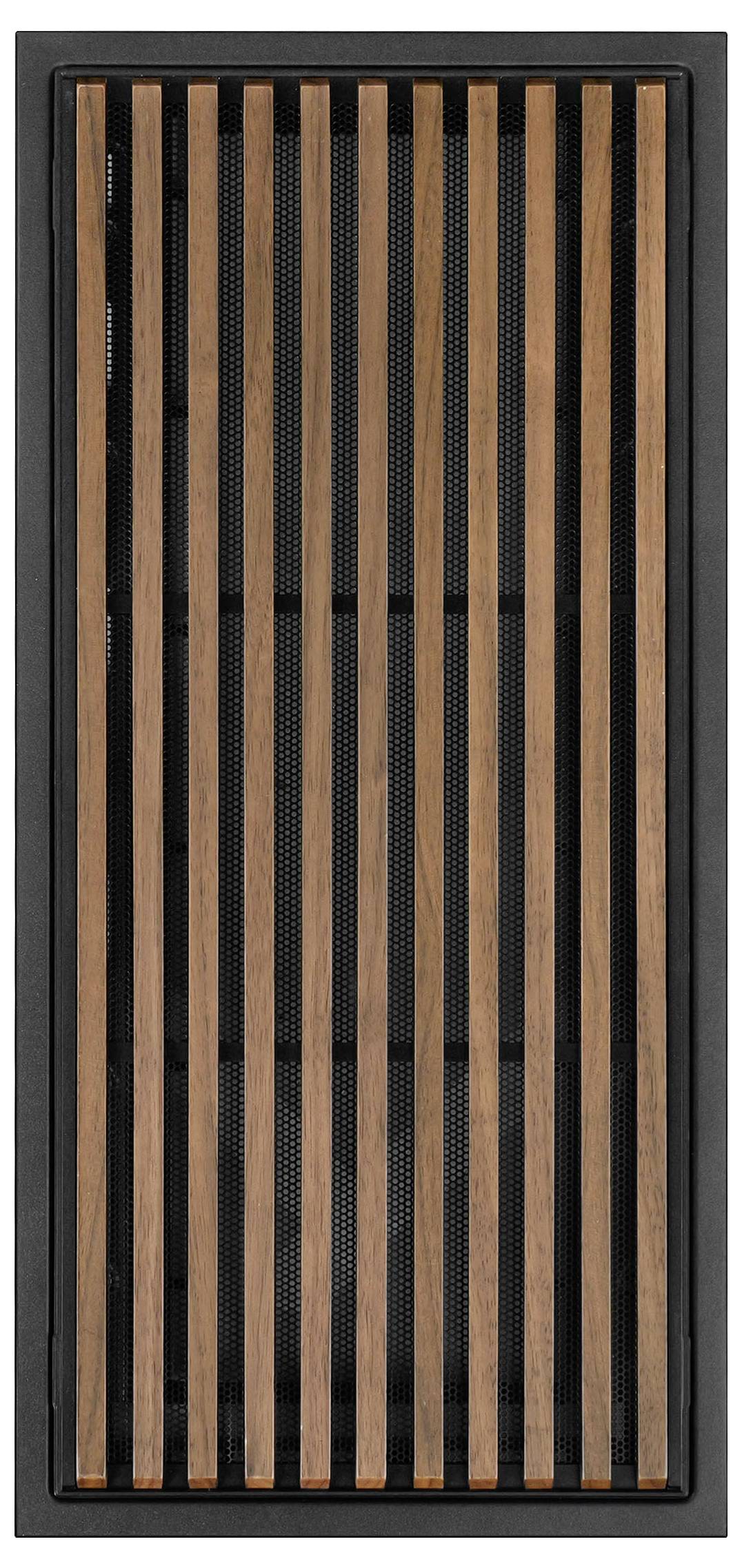Grille à lames de bois verticales avec des lames étroites marron sur un cadre rectangulaire noir, probablement un couvercle de haut-parleur ou d'aération.