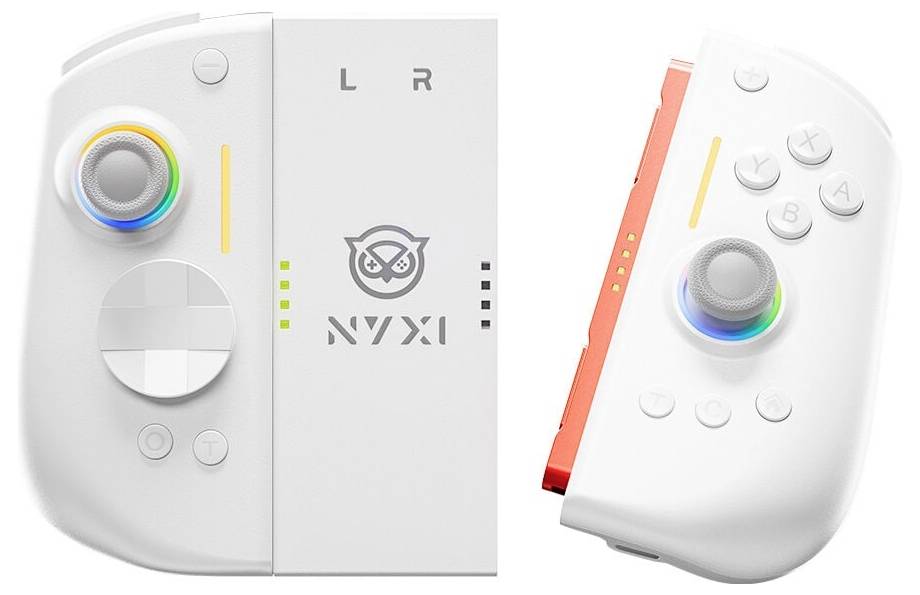 Manettes de jeu de style Nintendo blanches, présentant des vues de face et en angle avec des étiquettes gauche et droite, des joysticks colorés et des boutons.