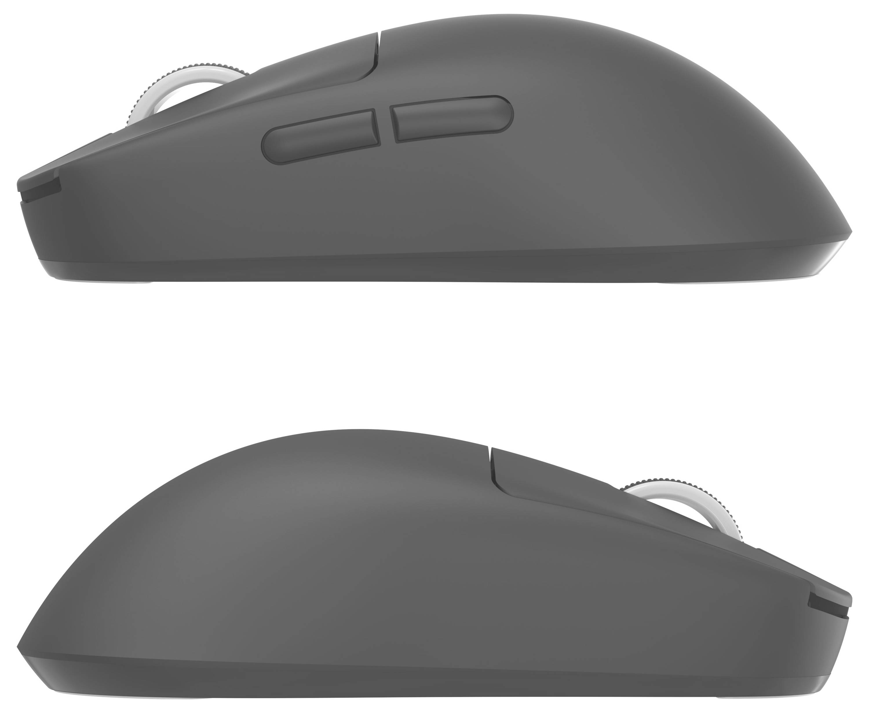 Images de profil d'une souris d'ordinateur sans fil grise présentées de gauche et de droite, mettant en évidence la molette de défilement et les deux boutons supérieurs.