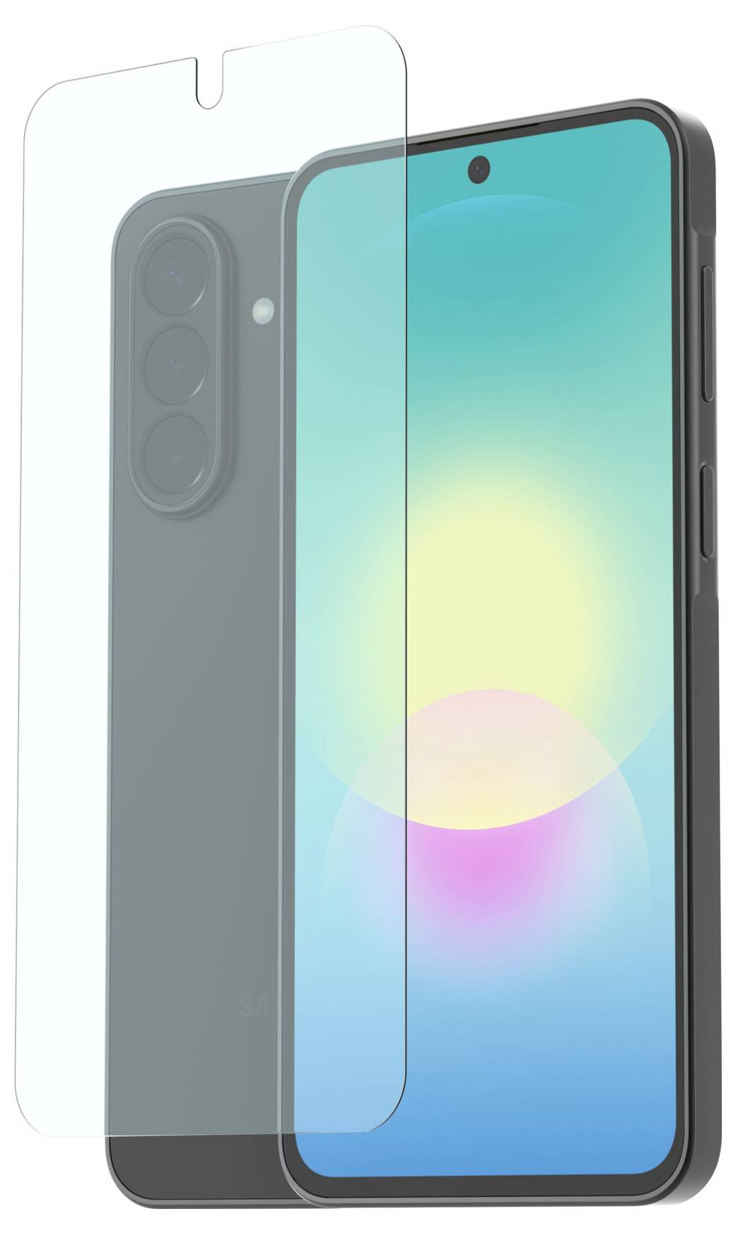 Protecteur d'écran transparent aligné sur l'écran d'un smartphone, montrant les vues avant et arrière du téléphone.