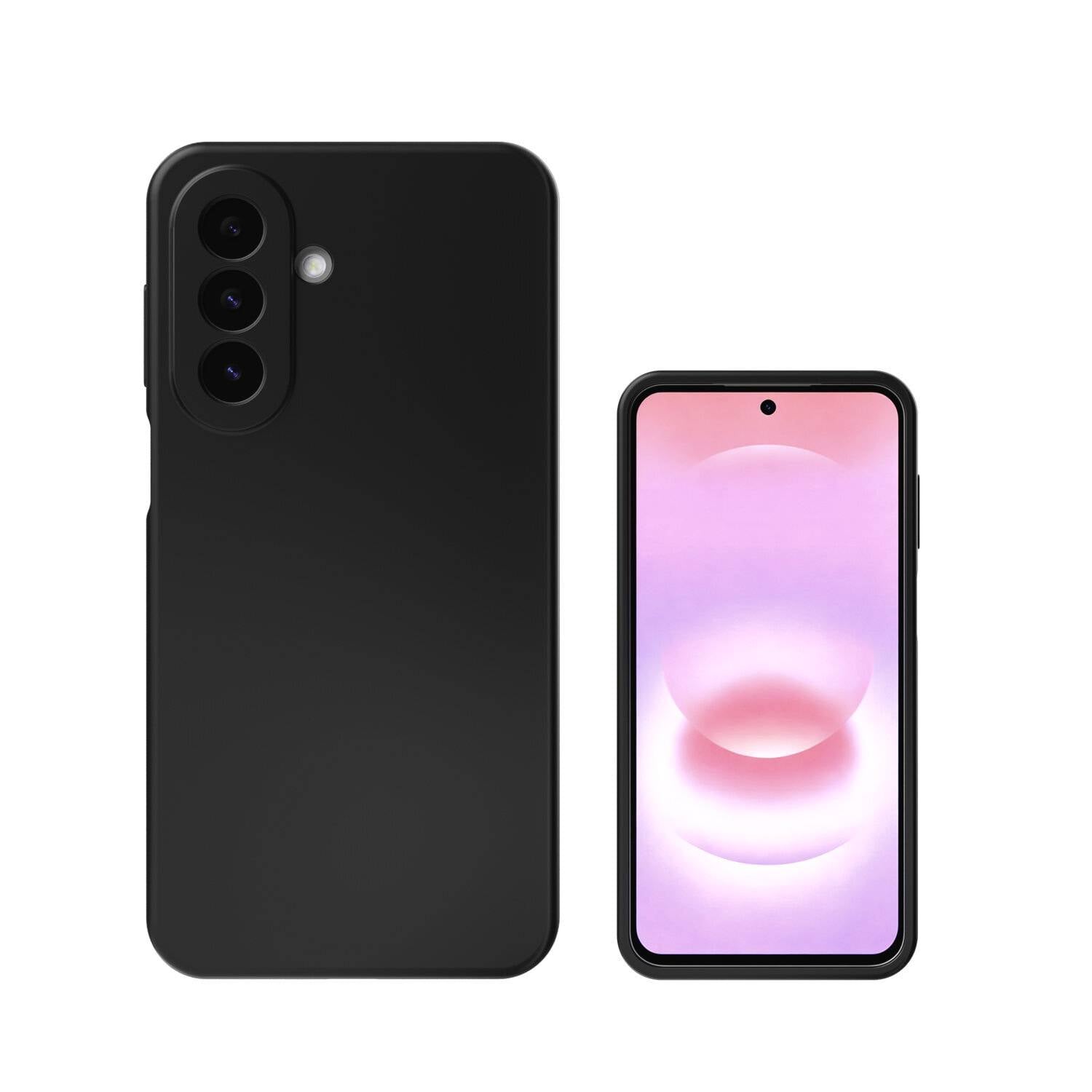 Smartphone noir montré de face et de dos, avec trois caméras arrière et un écran rose à l'avant.