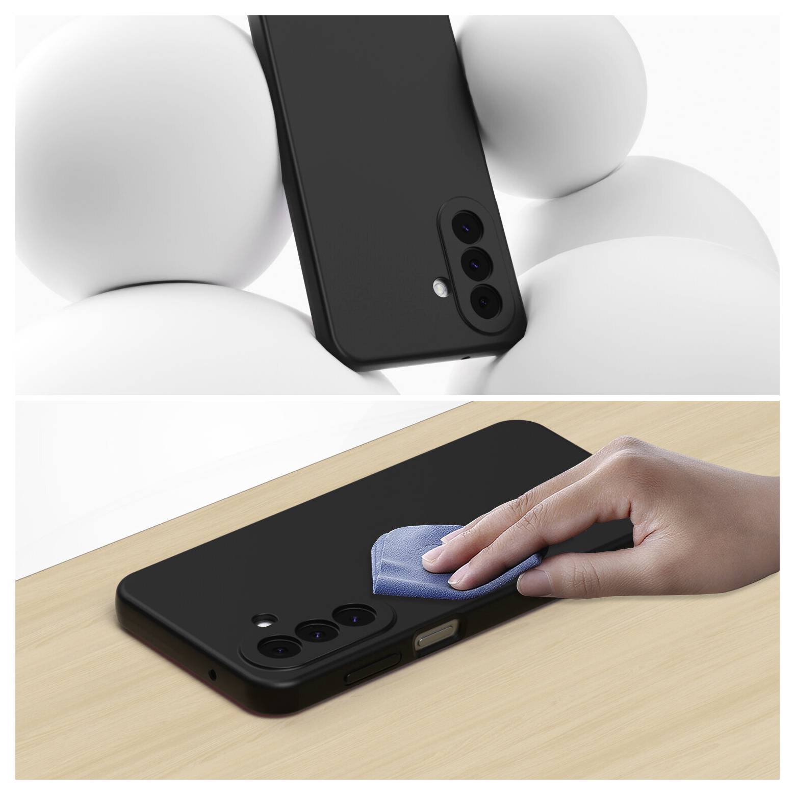Image divisée montrant un smartphone noir avec triple appareil photo arrière étant tenu à la main, et le téléphone étant essuyé avec un chiffon sur un bureau.
