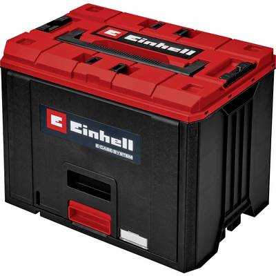 Mallette de rangement d'outils en plastique rouge et noir Einhell avec poignée de transport et loquet frontal, présentée sur un fond blanc.