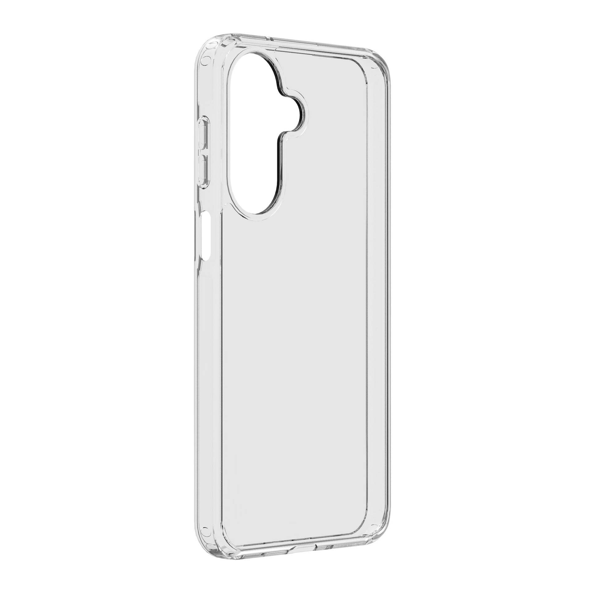 Étui de protection transparent pour smartphone avec découpe surélevée pour l'appareil photo, présenté sur un fond blanc uni.