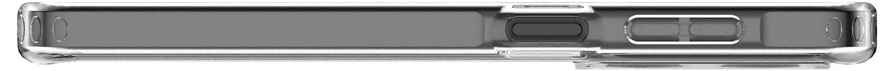 Vue latérale d'un smartphone dans une coque de protection transparente, montrant le profil fin de l'appareil et les boutons latéraux.