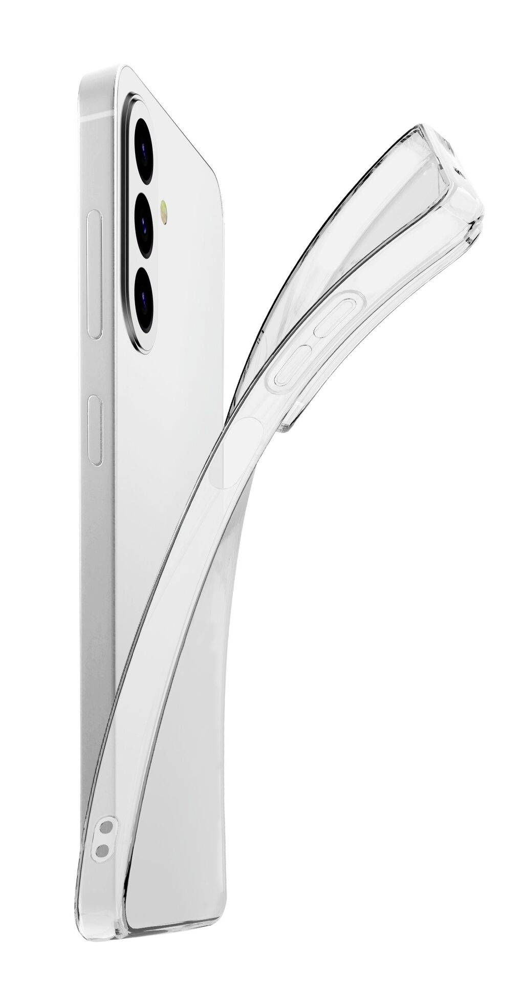 Étui de protection transparent pour téléphone présenté aux côtés d'un smartphone couleur argent, mettant en évidence le design mince et incurvé de l'étui ainsi que la découpe pour la caméra.