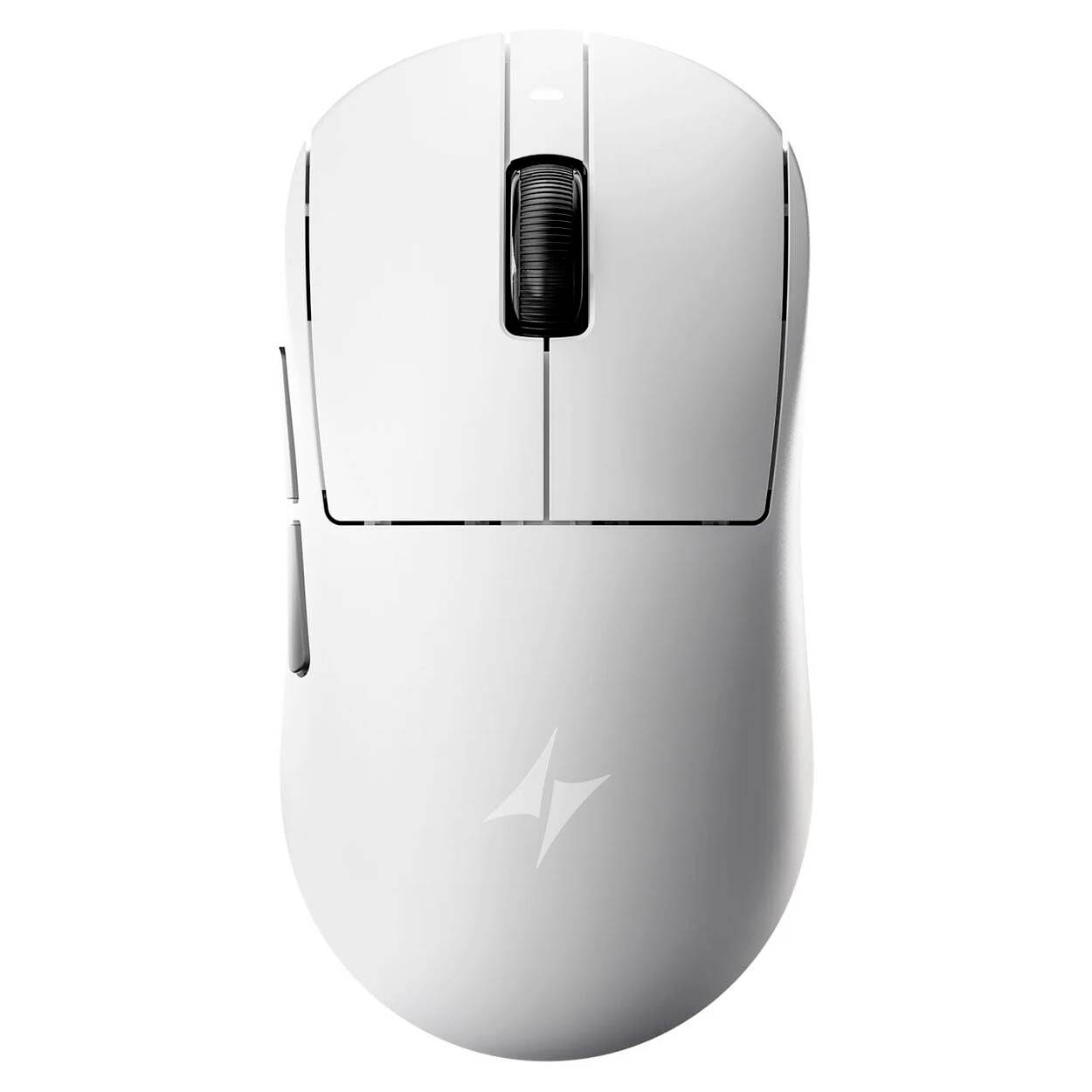 Souris d'ordinateur sans fil blanche avec molette de défilement noire et boutons latéraux, présentée de dessus sur un fond uni.