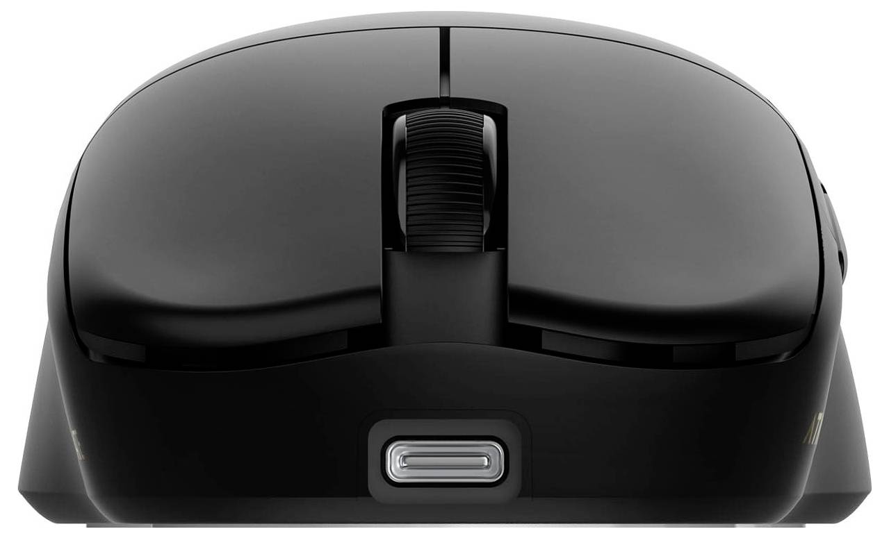 Vue de face d'une souris sans fil noire avec une molette de défilement centrale et un port de charge USB-C visible en bas.