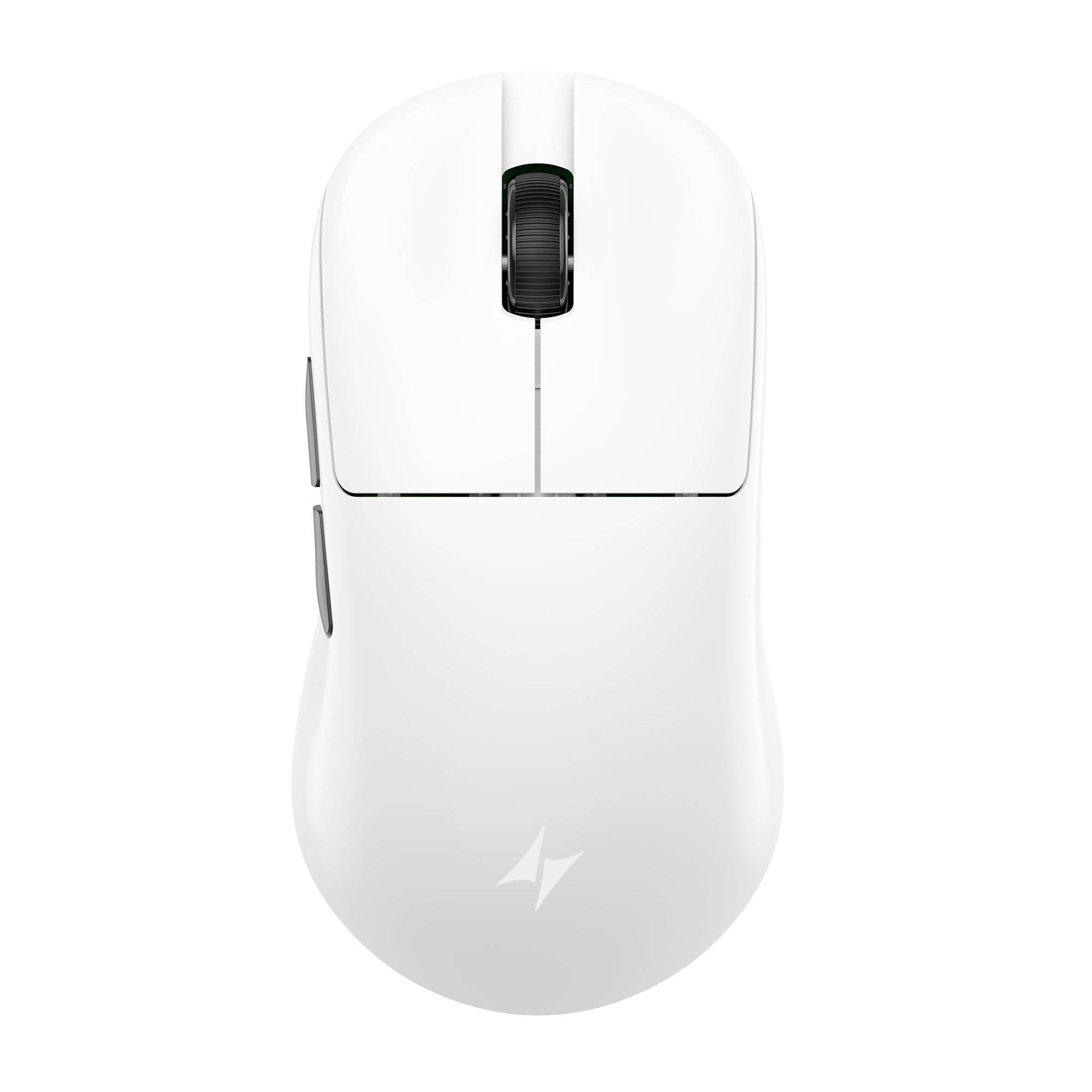 Vue de dessus d'une souris d'ordinateur sans fil blanche avec une molette de défilement noire et des boutons latéraux sur un fond uni.