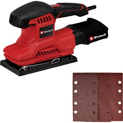 Ponceuse excentrique Einhell rouge avec sac à poussière intégré, présentée avec une pile de feuilles de ponçage sur un fond blanc.