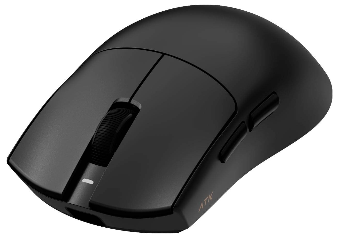 Souris d'ordinateur sans fil noire avec molette de défilement et boutons latéraux, présentée sur un fond blanc.