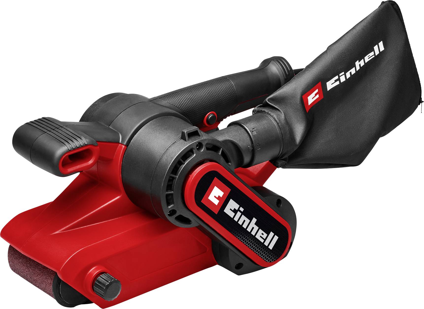 Souffleur/aspirateur de feuilles portatif Einhell avec boîtier rouge et noir et sac de collecte attaché sur fond blanc