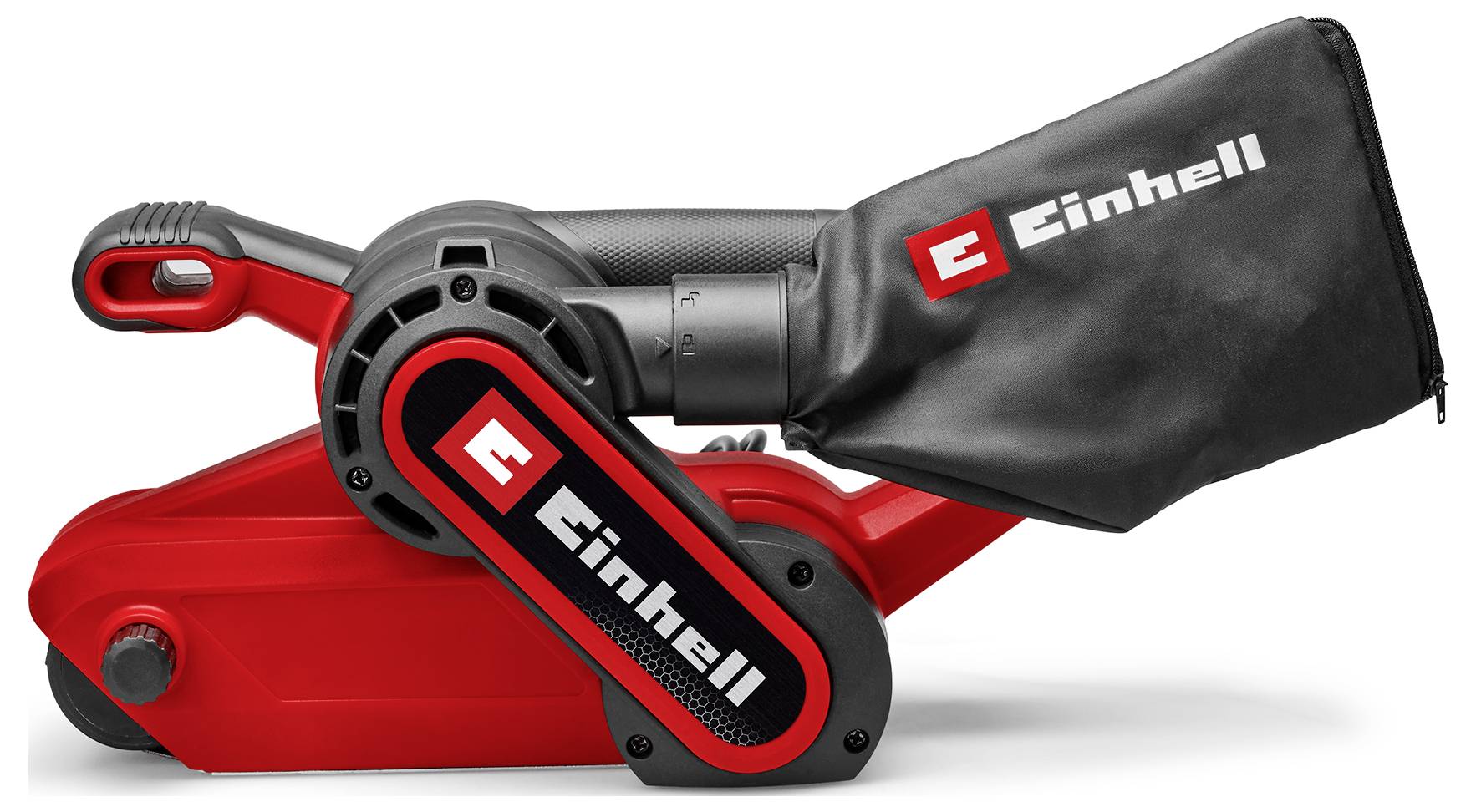 Souffleur/aspirateur à feuilles électrique Einhell rouge avec sac de collecte noir attaché sur fond blanc.