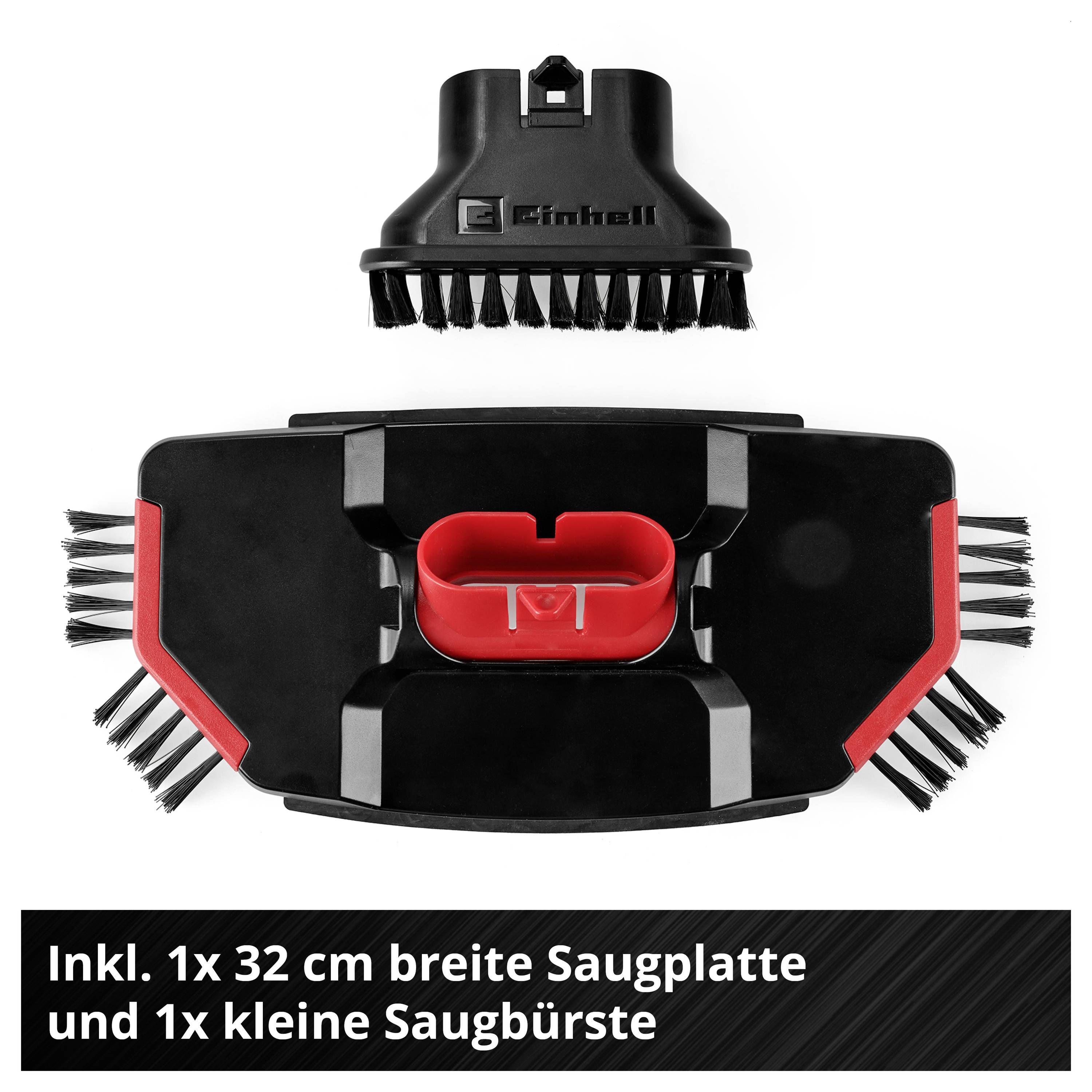 Représentés sont une plaque d'aspiration et une petite brosse d'aspiration pour un aspirateur ; le texte indique « incl. 1x plaque d'aspiration de 32 cm de large et 1x petite brosse d'aspiration ».
