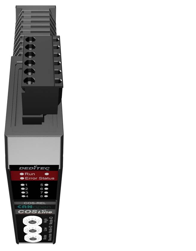 Module industriel noir avec sommet aéré et panneau de statut frontal étiqueté « DEDITECH », « Run » et « Error Status », monté sur un rail DIN.