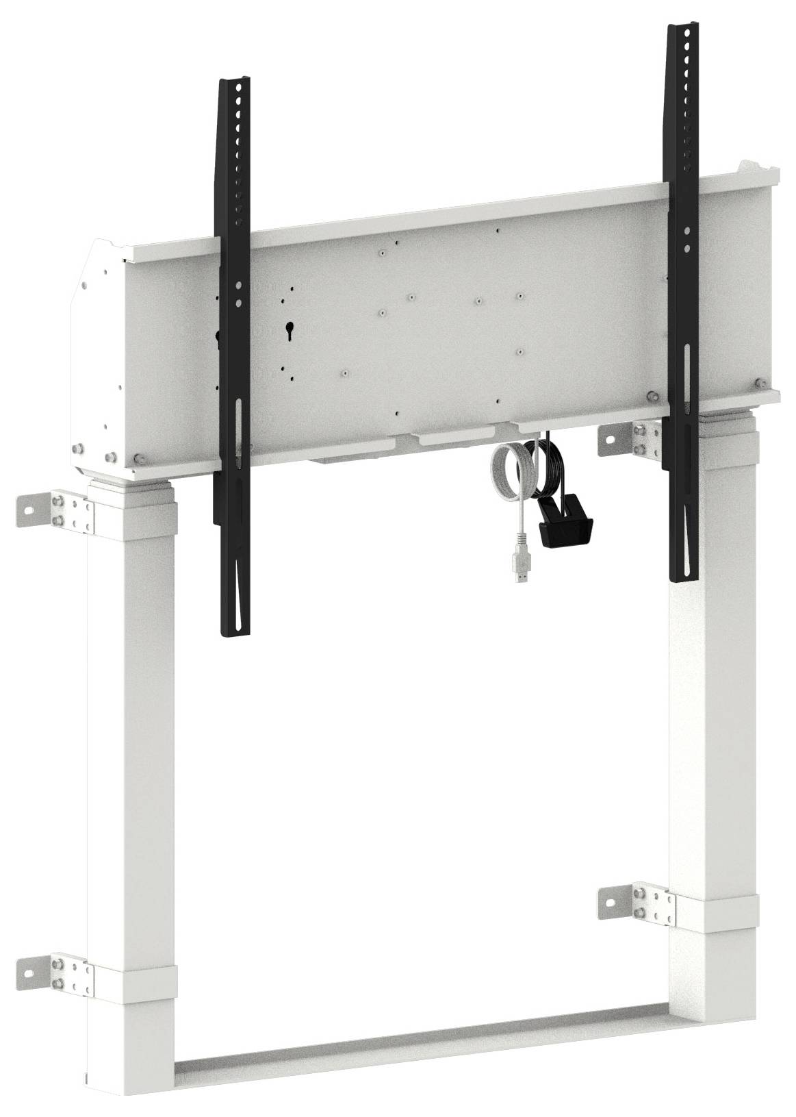 Support mural pour téléviseur avec deux rails verticaux et un cadre de support blanc, affichant le matériel de montage et le mécanisme de verrouillage.