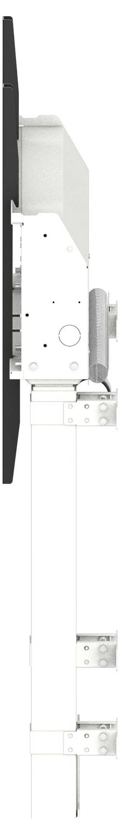 Vue latérale d'une antenne extérieure blanche ou d'un appareil sans fil monté sur un poteau, avec un panneau ou disque circulaire noir fixé au sommet.