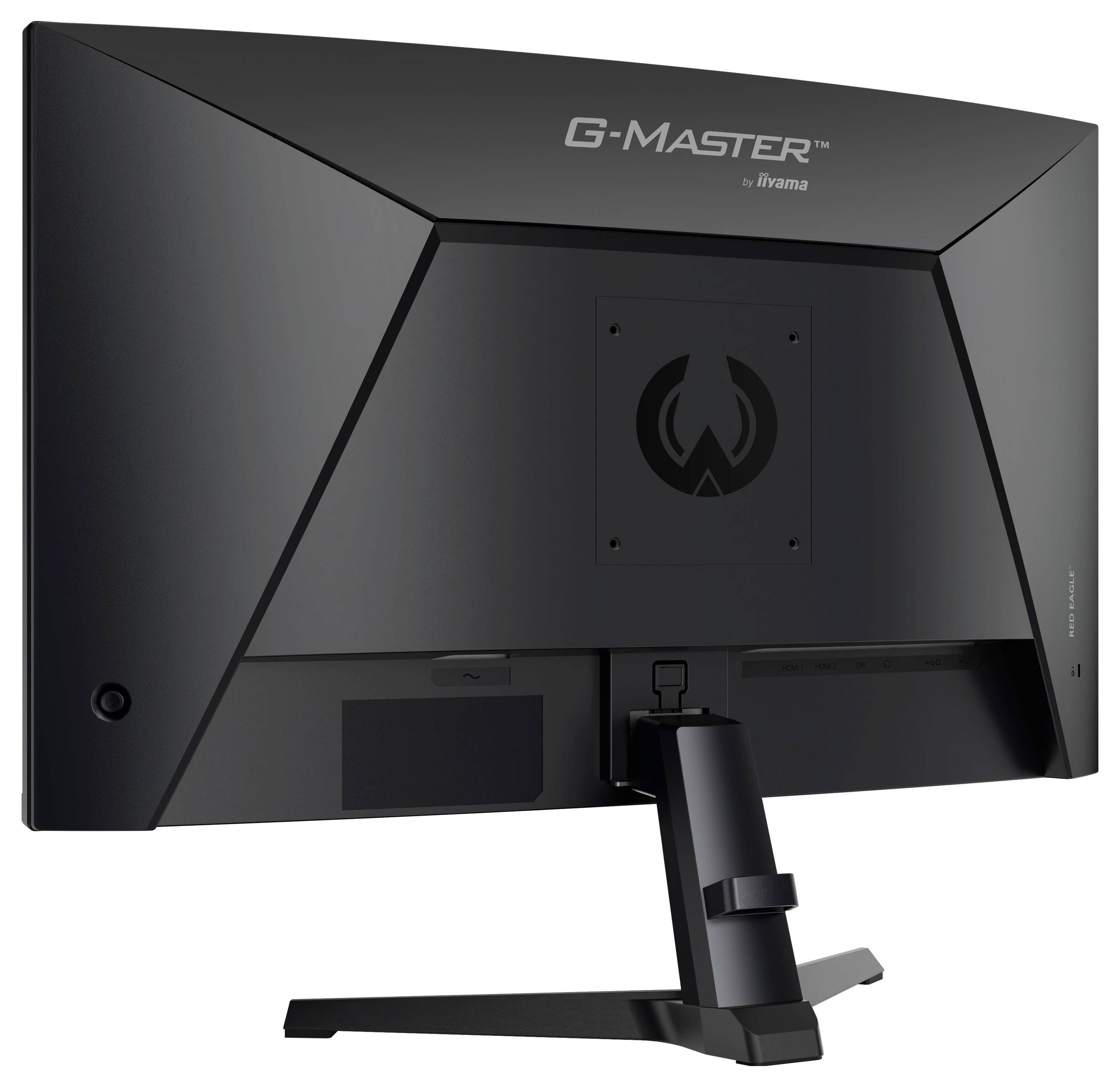 Vue arrière d'un moniteur G-MASTER par iiyama noir sur un support, montrant le panneau arrière, le logo et la zone de gestion des câbles.
