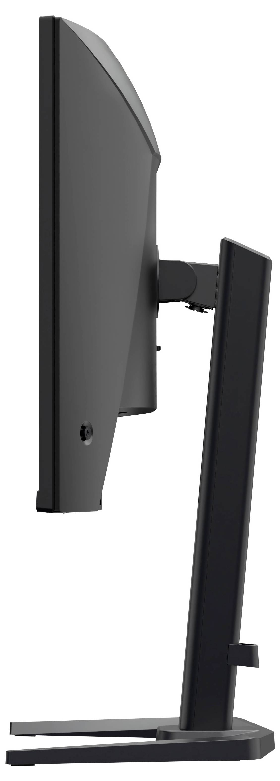 Vue de côté d'un moniteur à écran plat noir sur un support avec une base rectangulaire large, présenté sur un fond blanc.