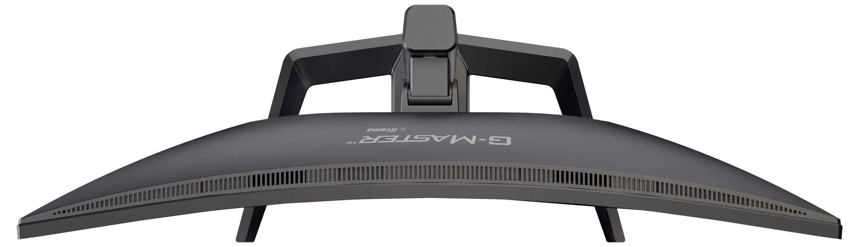 Moniteur informatique ultrawide noir incurvé avec support et système de maintien arrière, présenté sur fond blanc.