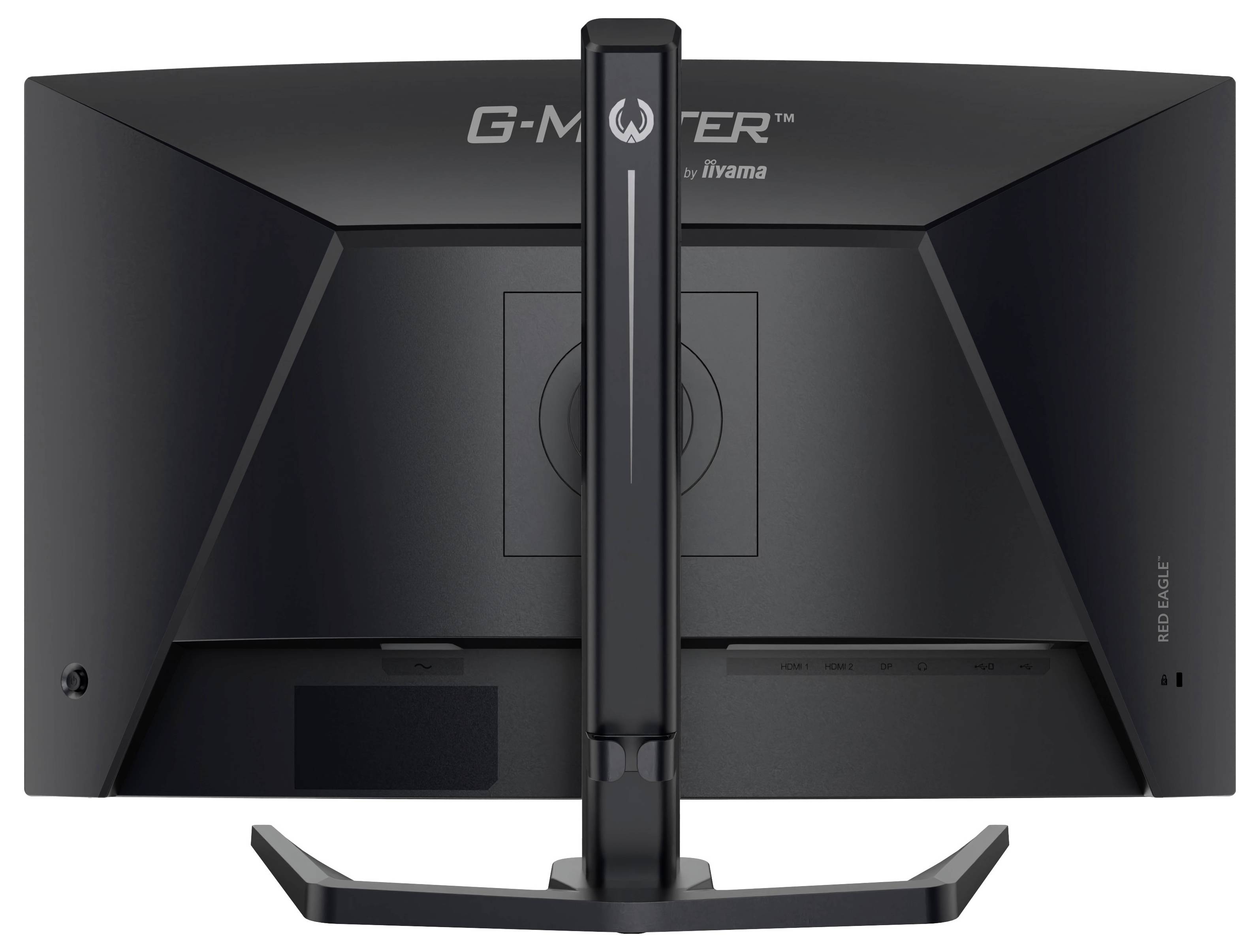 Vue arrière d'un moniteur iiyama G-MASTER noir sur un pied, montrant son panneau arrière angulaire et sa colonne centrale de gestion des câbles.