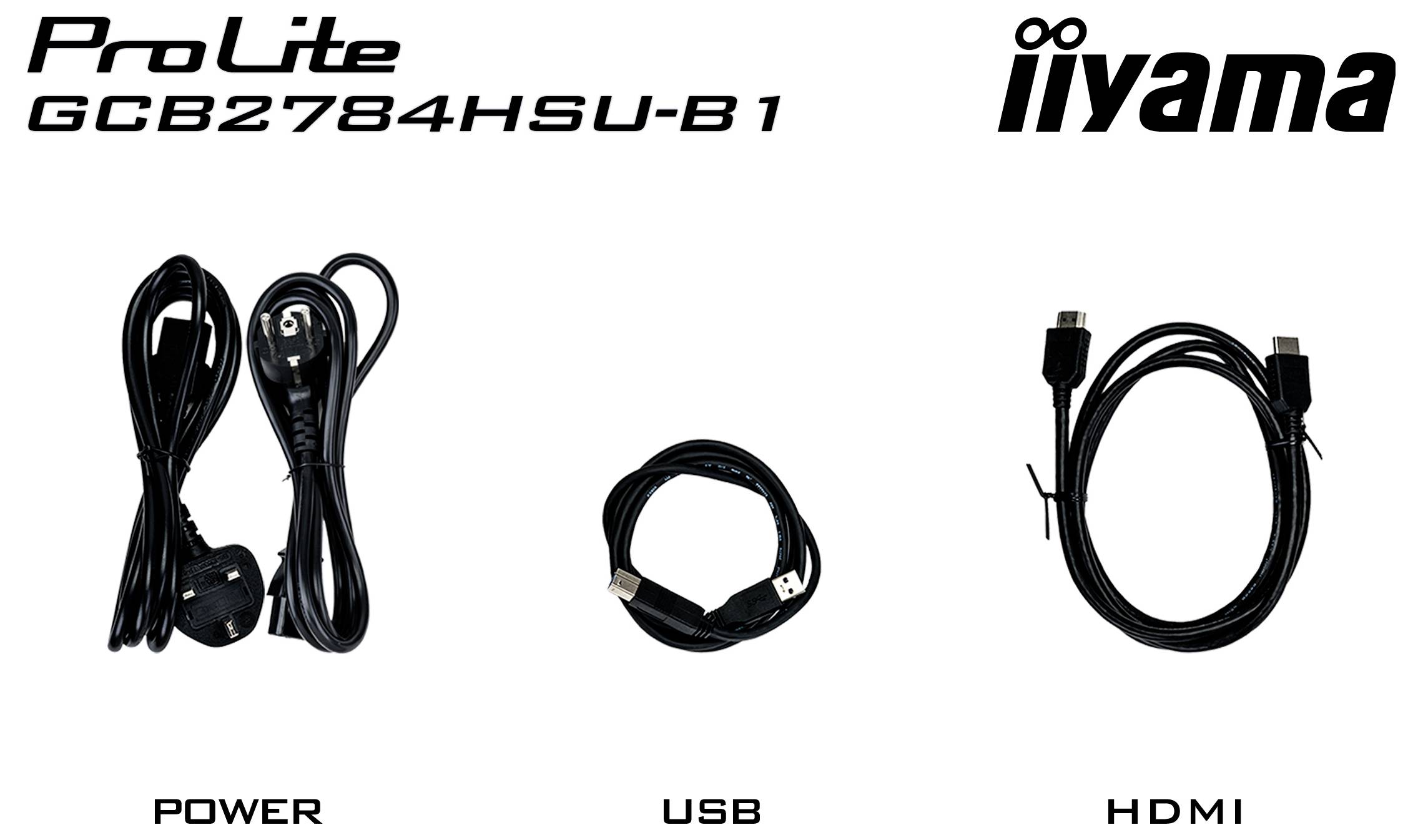 Trois câbles inclus pour un moniteur iiyama ProLite GCB2784HSU-B1 : alimentation, USB et HDMI.