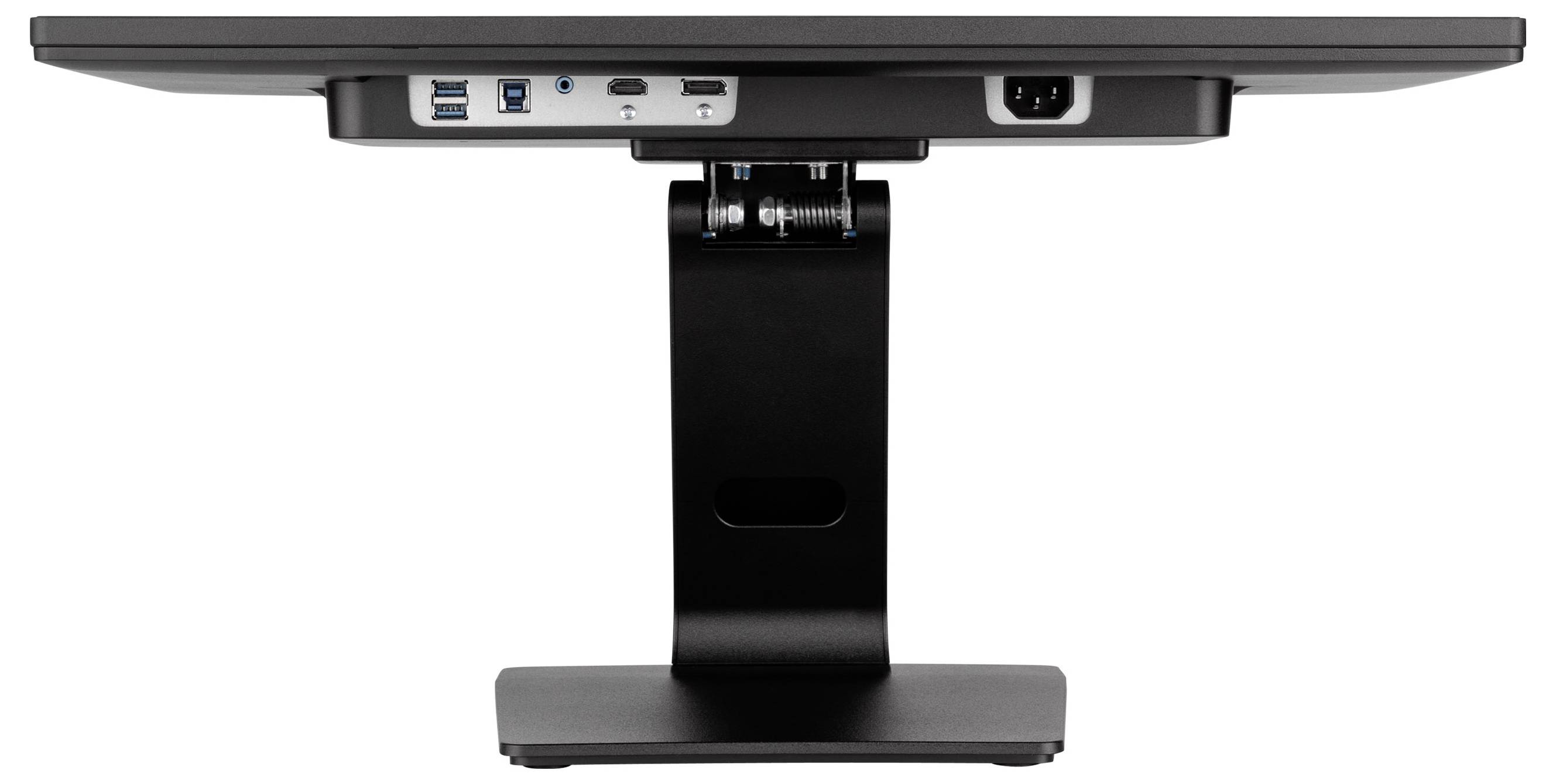 Vue latérale d'un support de moniteur noir avec une large base, une colonne centrale et un bras de fixation supérieur ajustable tenant un écran.