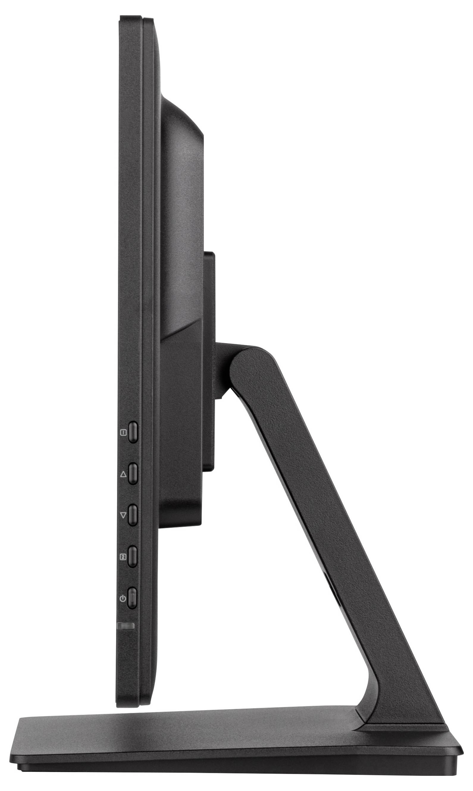 Vue latérale d'un écran d'ordinateur noir sur un support plat avec un bras de support angulé ajustable.