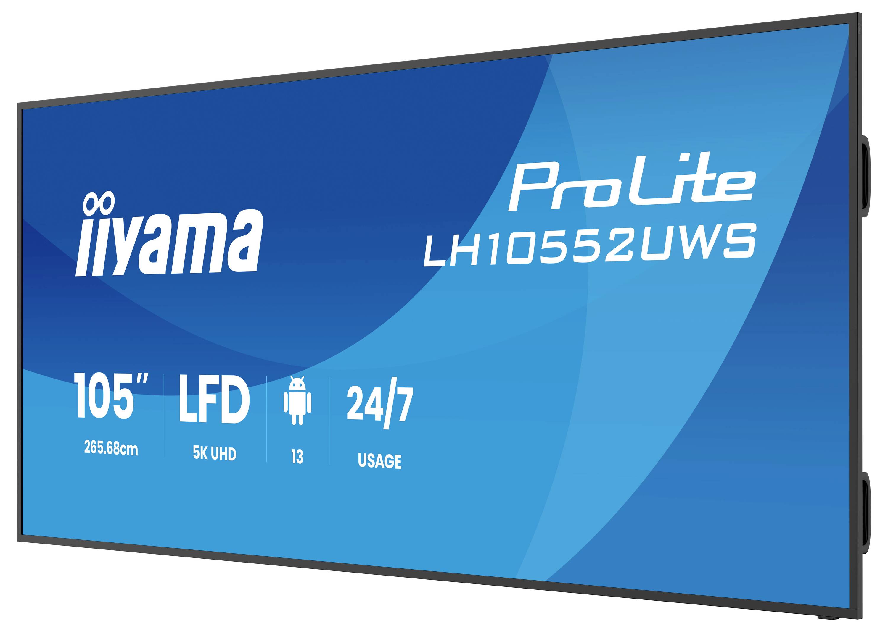 Écran LFD UHD 5K Iiyama ProLite LH10552UWS 105 pouces, avec utilisation 24h/24 et 7j/7 et icônes Android 13 affichées sur un écran bleu.