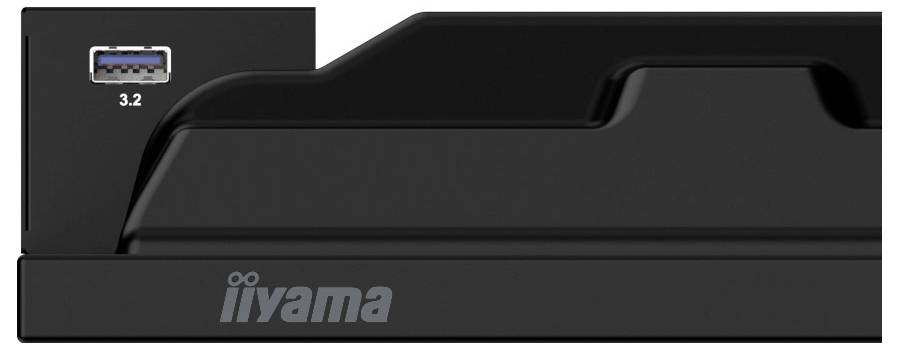 Appareil Iiyama noir vu de face avec un port USB 3.2 bleu sur la gauche et un socle ou cache intégré sur la droite.