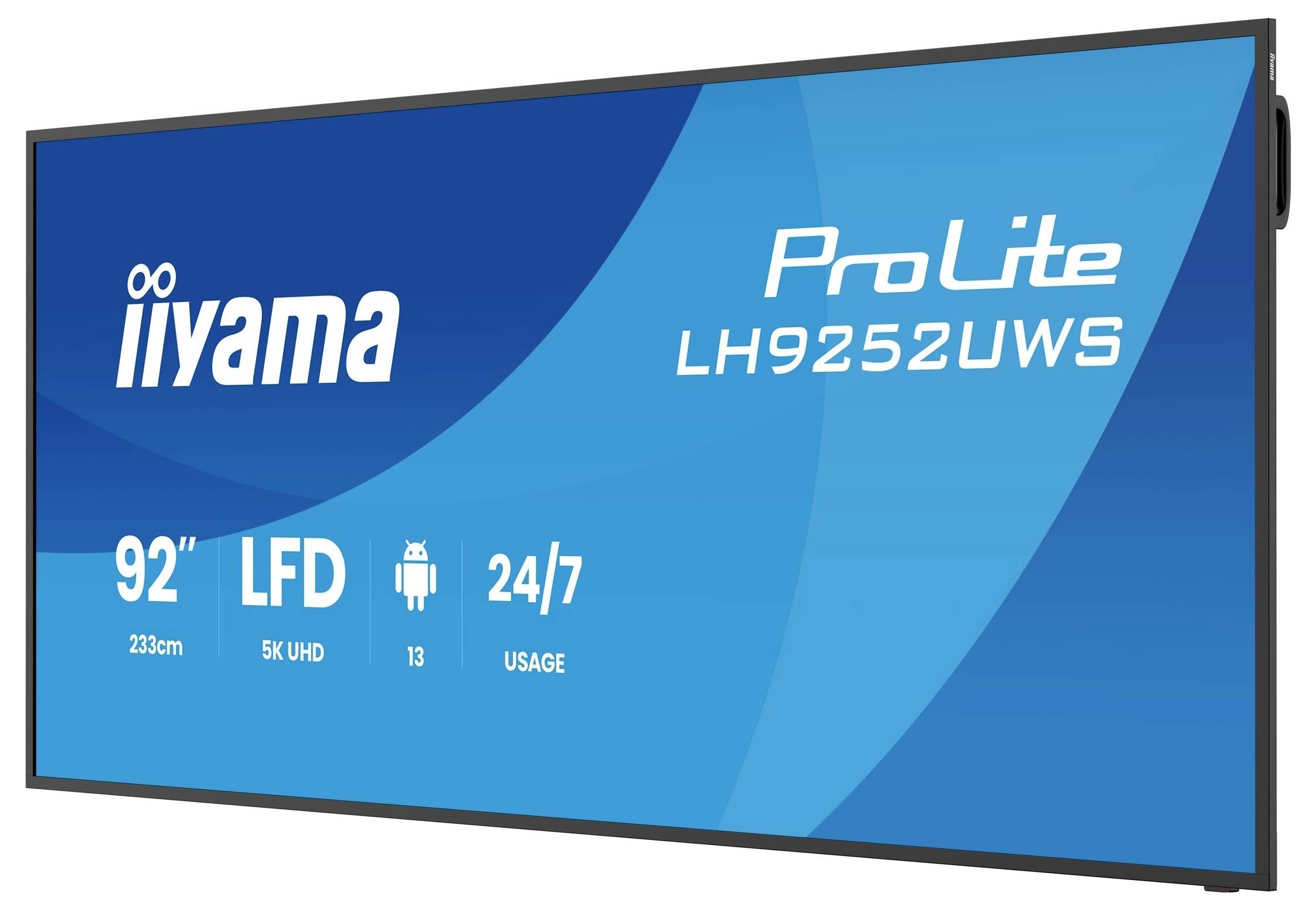 Affichage de signalétique numérique Iiyama ProLite LH9252UWS 92 pouces affichée sur un écran produit bleu avec des icônes 5K UHD et utilisation 24/7.