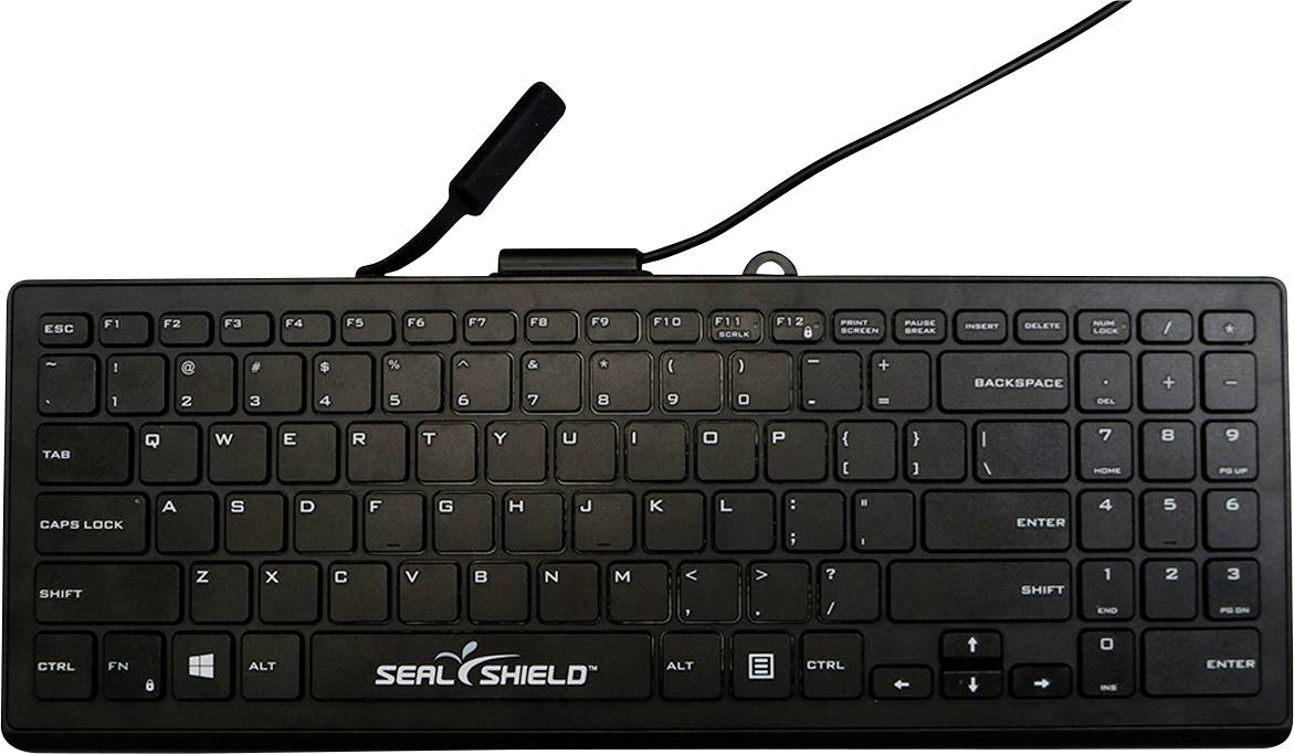 Clavier SEAL SHIELD noir filaire de taille normale avec pavé numérique et conception étanche, présenté sur un fond blanc.