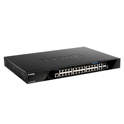 Commutateur réseau D-Link avec plusieurs ports Ethernet et voyants d'état, présenté sur fond blanc.