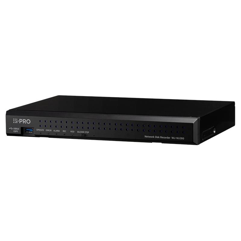 Enregistreur de disque réseau I-PRO noir vue de face sur fond blanc, avec voyants de statut, port USB et étiquette de modèle « Network Disk Recorder WJ-NU300 ».