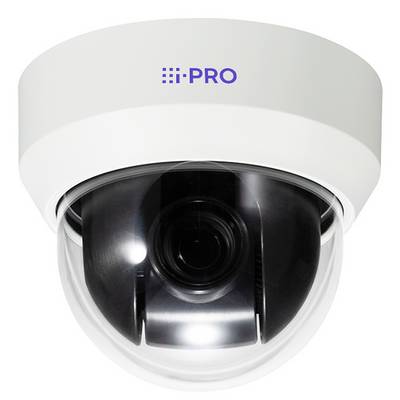 Caméra dôme de sécurité i-PRO blanche avec lentille centrale et boîtier de protection transparent, vue de face.