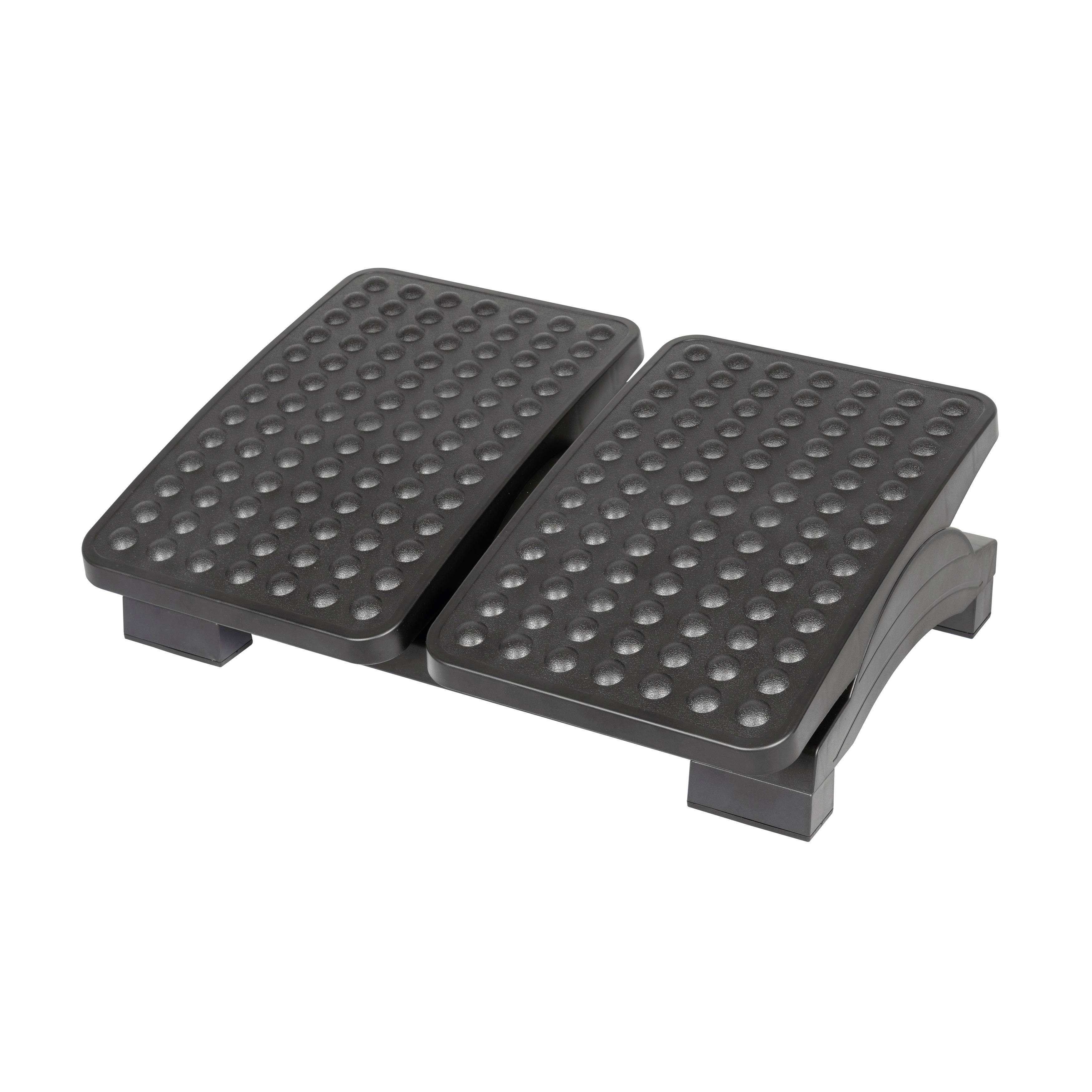 Repose-pieds réglable double noir, avec deux plateformes texturées pour les pieds, sur une base basse, pour un soutien ergonomique en position assise.
