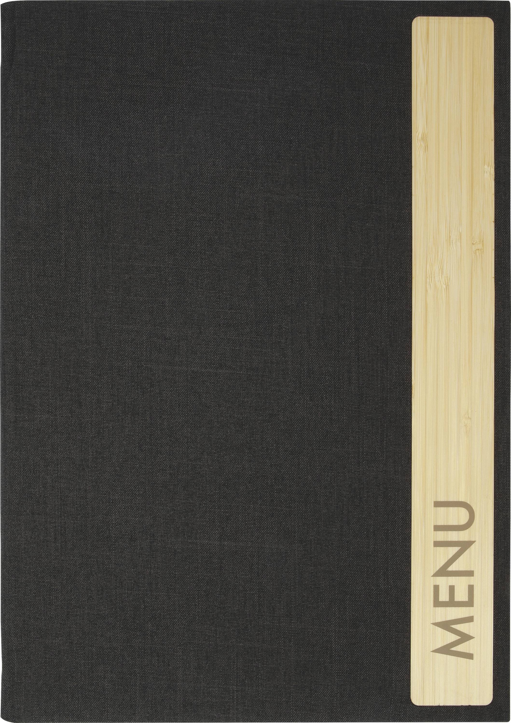Couverture de menu noire avec un panneau étroit en bois clair sur le côté droit, imprimé avec le mot « MENU » verticalement près du bas.
