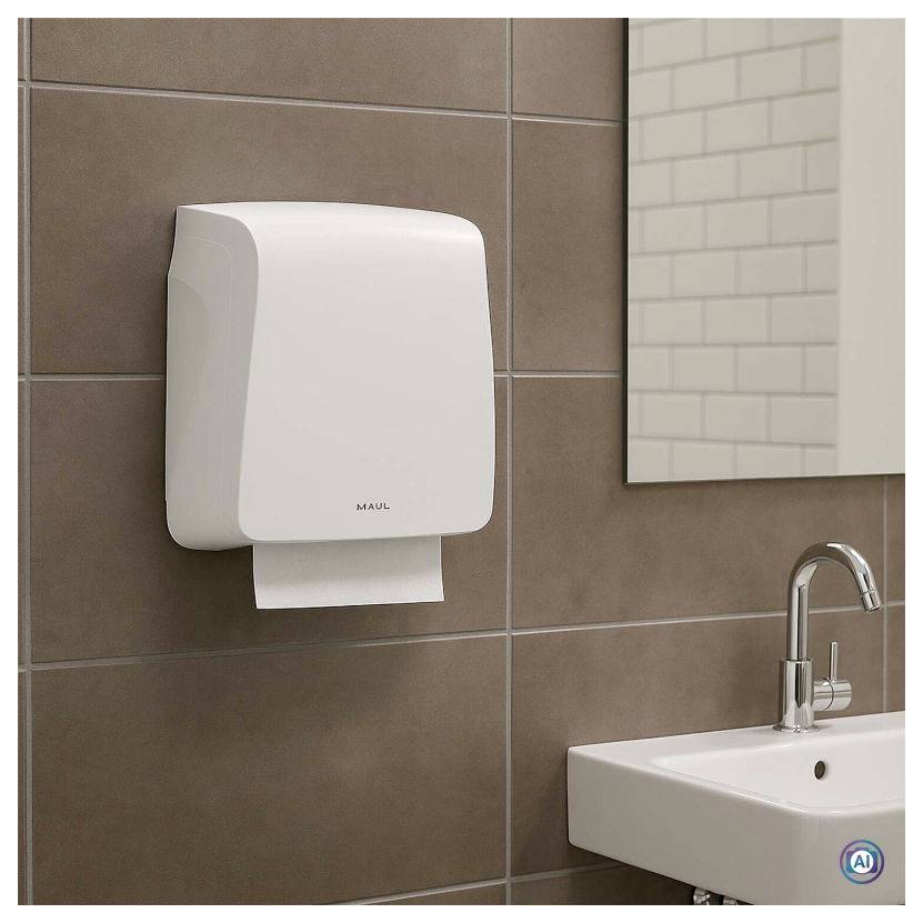 Distributeur de serviettes en papier montant sur le mur au-dessus d'un lavabo dans une salle de bains carrelée, avec un miroir et un robinet visibles.