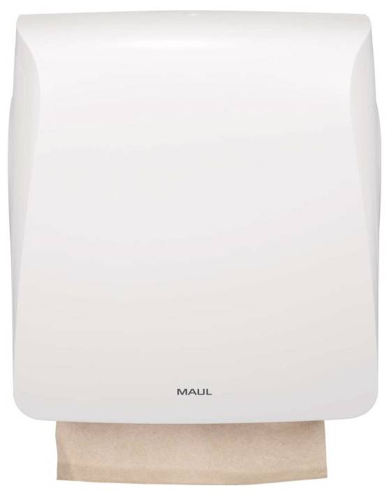 Distributeur de serviettes en papier blanc fixé au mur avec une serviette beige partiellement déroulée et logo MAUL sur le devant.