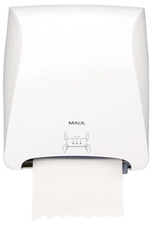Distributeur de serviettes en papier mural avec une feuille de serviette en papier qui dépasse, marque « MAUL ».