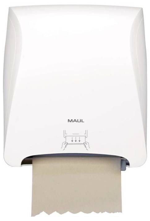 Distributeur de serviettes en papier blanc fixé au mur avec une serviette partiellement déroulée et le logo MAUL sur la façade.