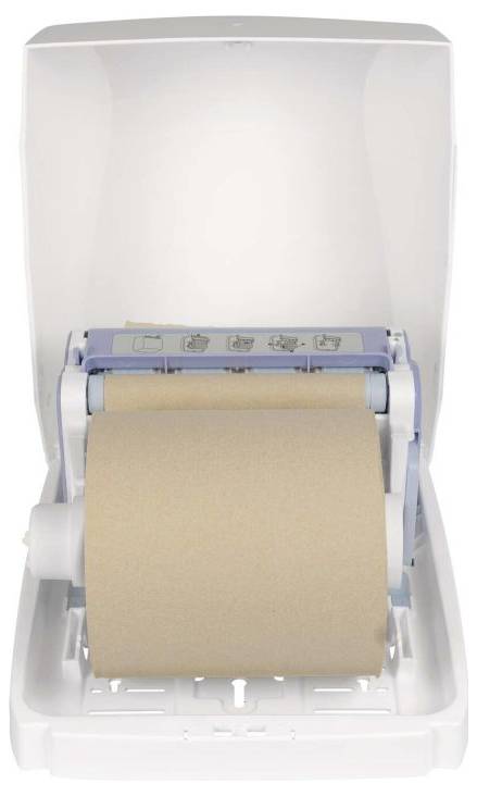 Distributeur de papier portable avec un grand rouleau de papier brun chargé à l'intérieur d'un boîtier en plastique transparent.