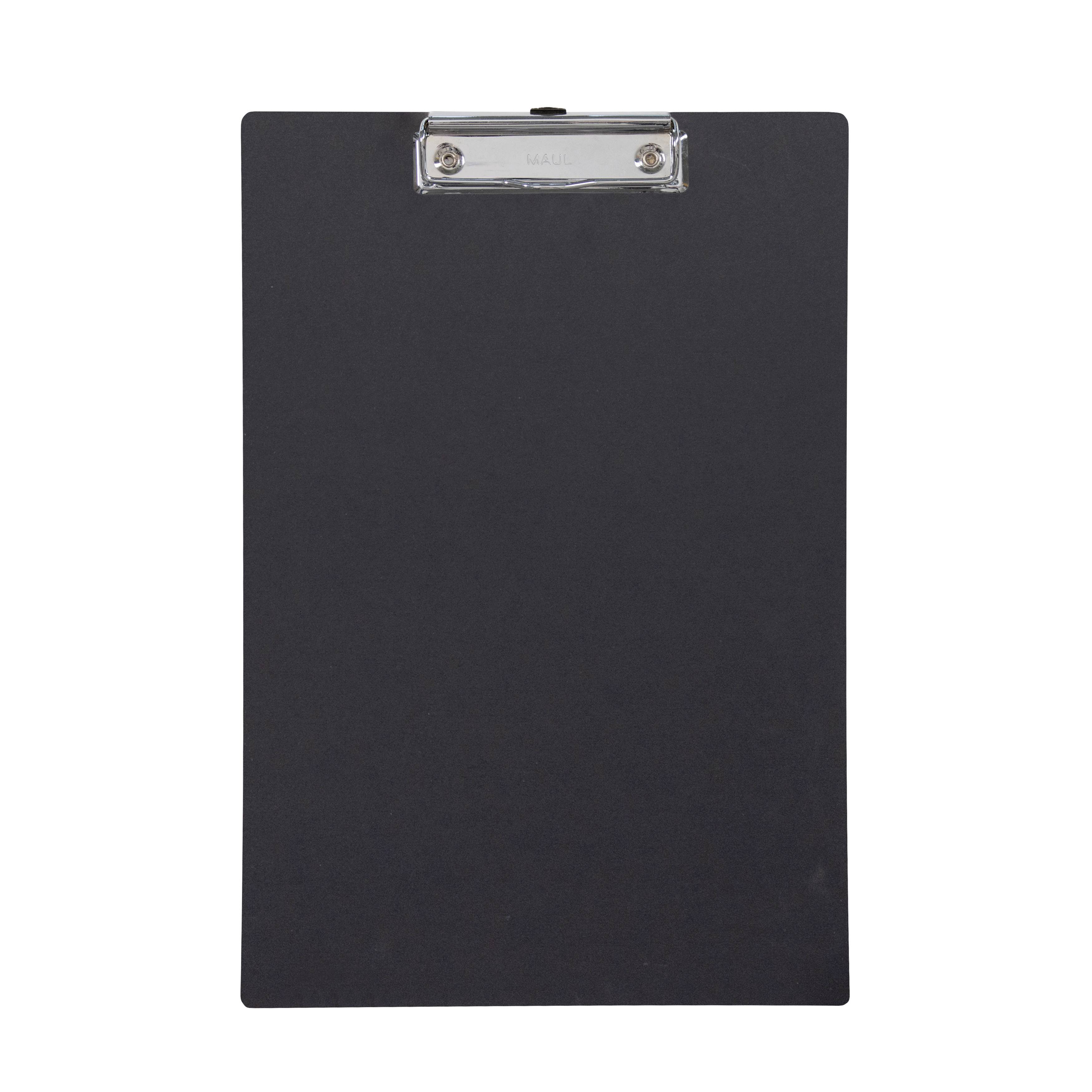 Presse-papiers noir sur fond blanc, présenté verticalement avec une pince métallique en haut.
