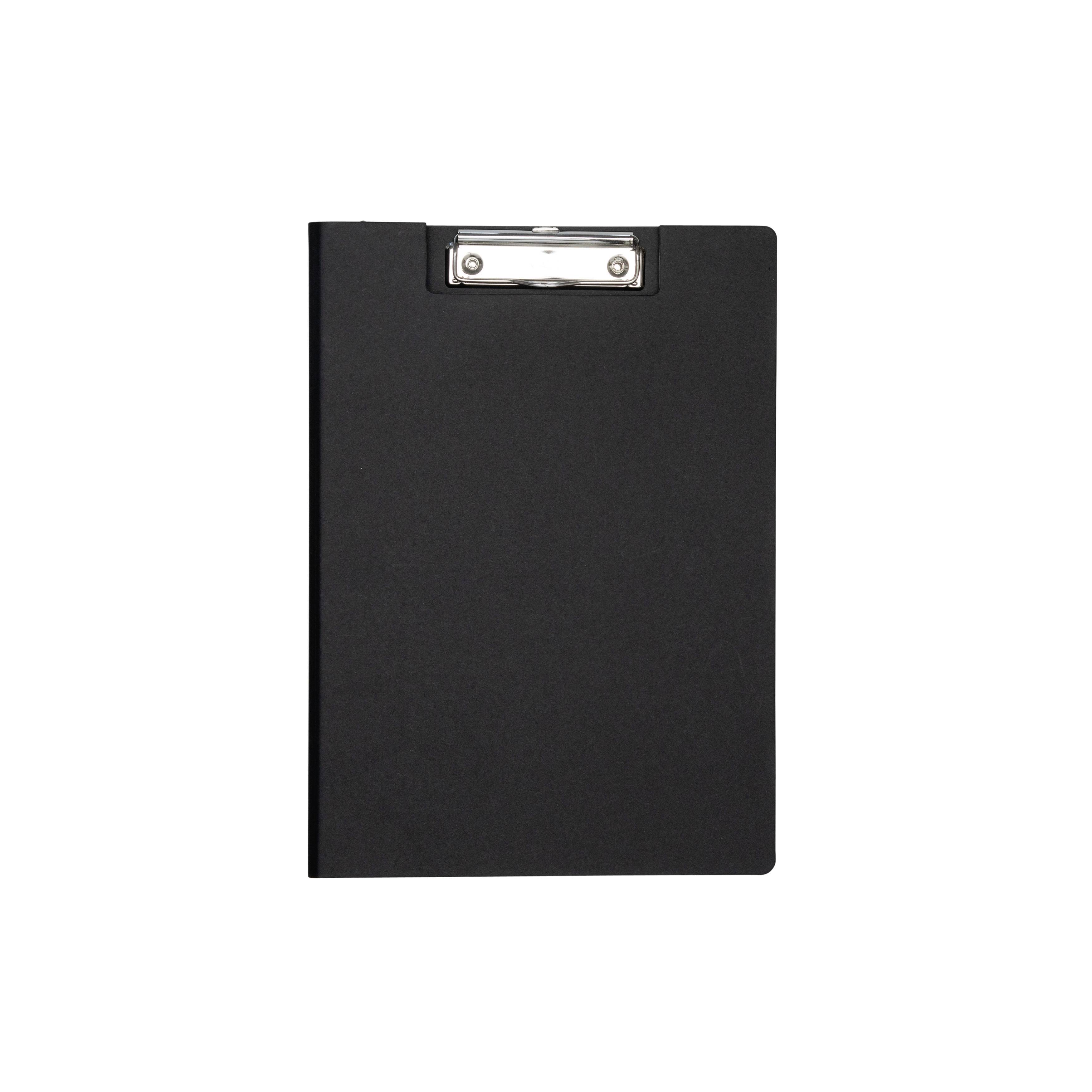Presse-papiers noir sur fond blanc, affiché à la verticale avec une pince métallique en haut.