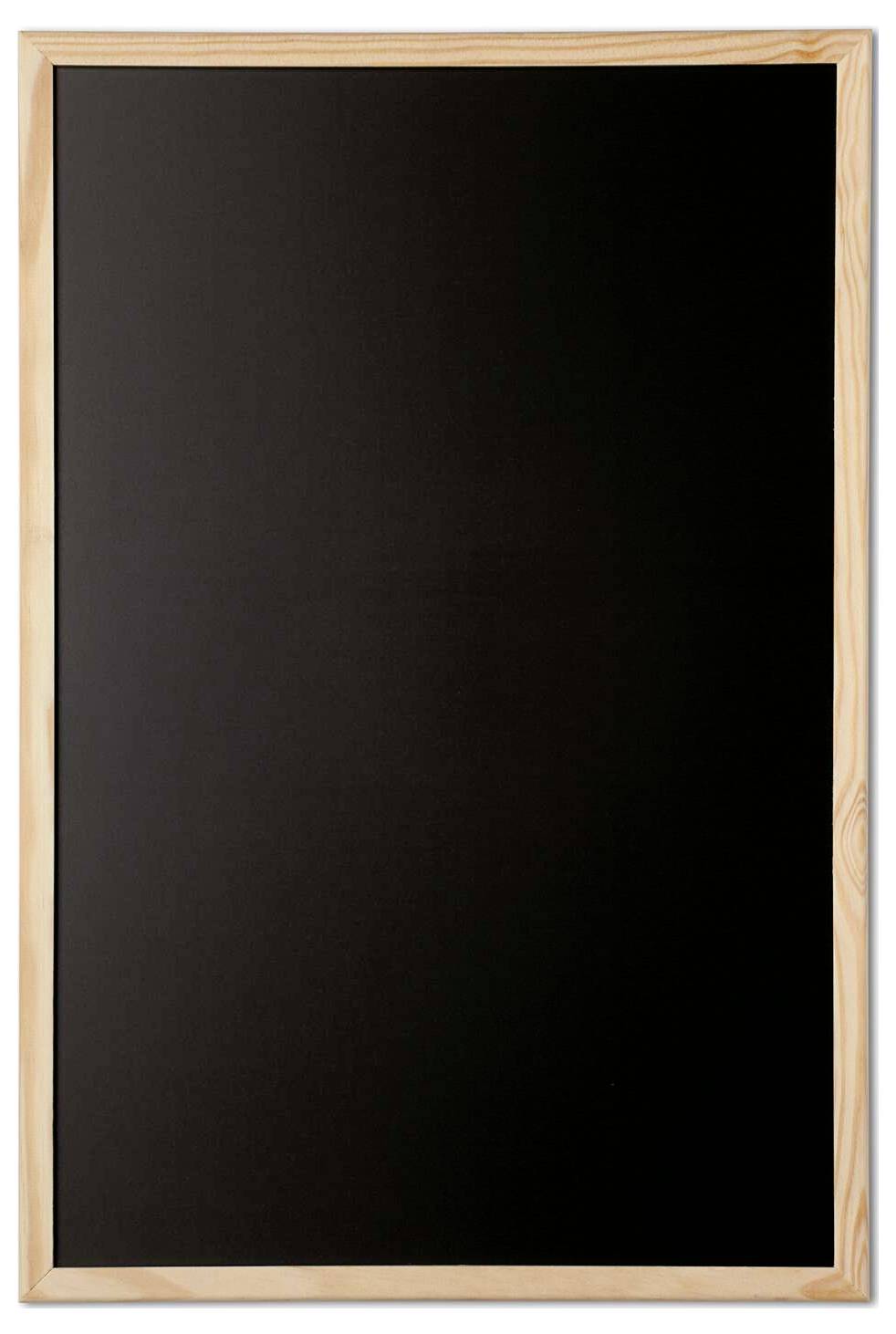Tableau noir vierge dans un cadre en bois clair, présenté sur fond blanc.