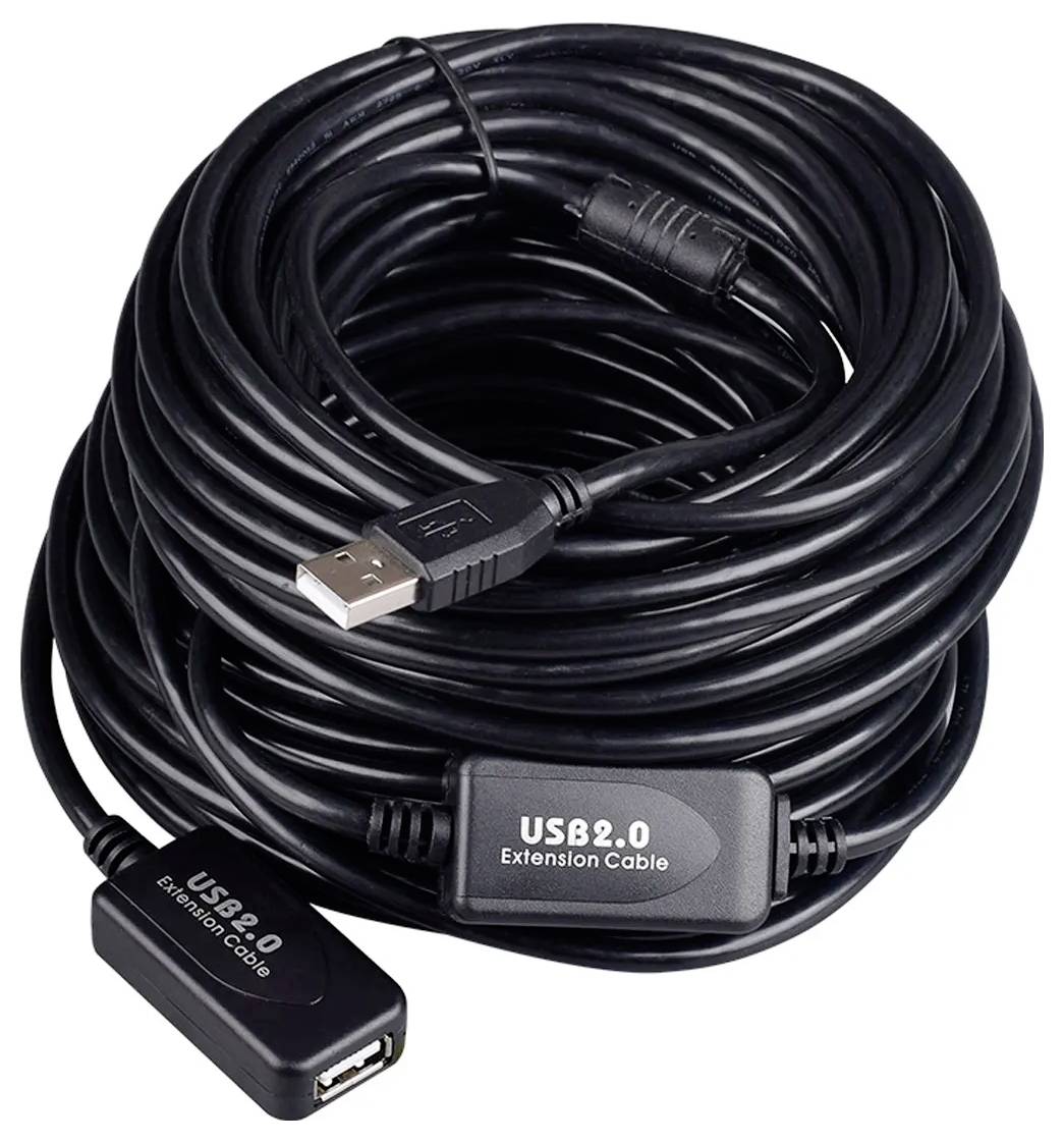 Câble d'extension USB 2.0 noir enroulé avec connecteur USB mâle et adaptateur prise femelle.