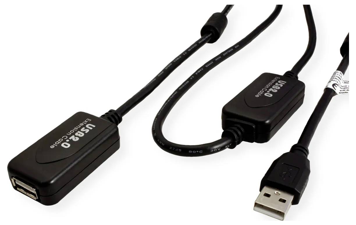 Câble USB 2.0 avec modules répétiteur/extension intégrés, montrant une fiche USB-A mâle et un port USB-A femelle sur des cordons noirs.